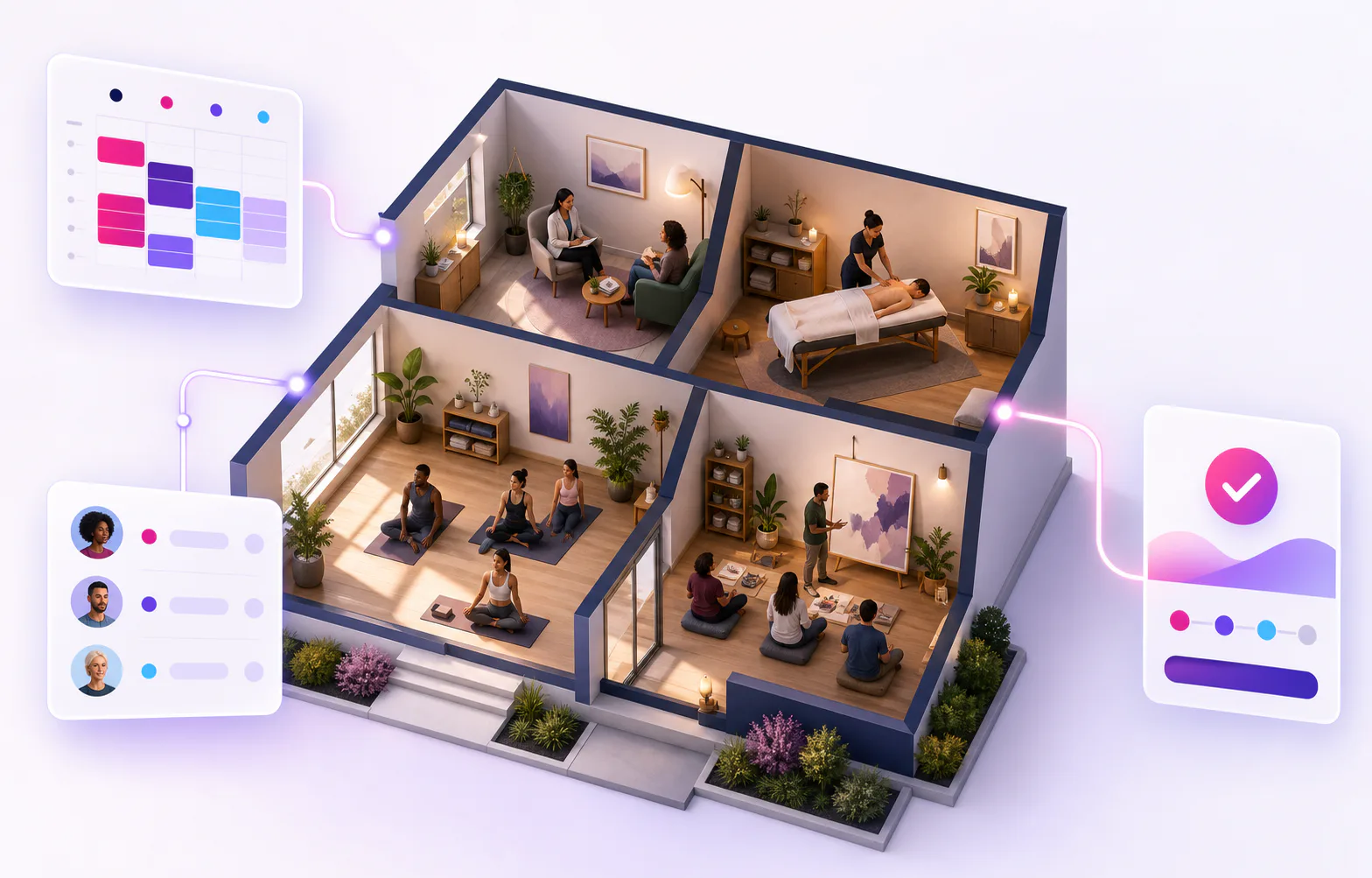 Illustration of therapists, wellness professionals and instructors using several rooms coordinated by one shared-space system